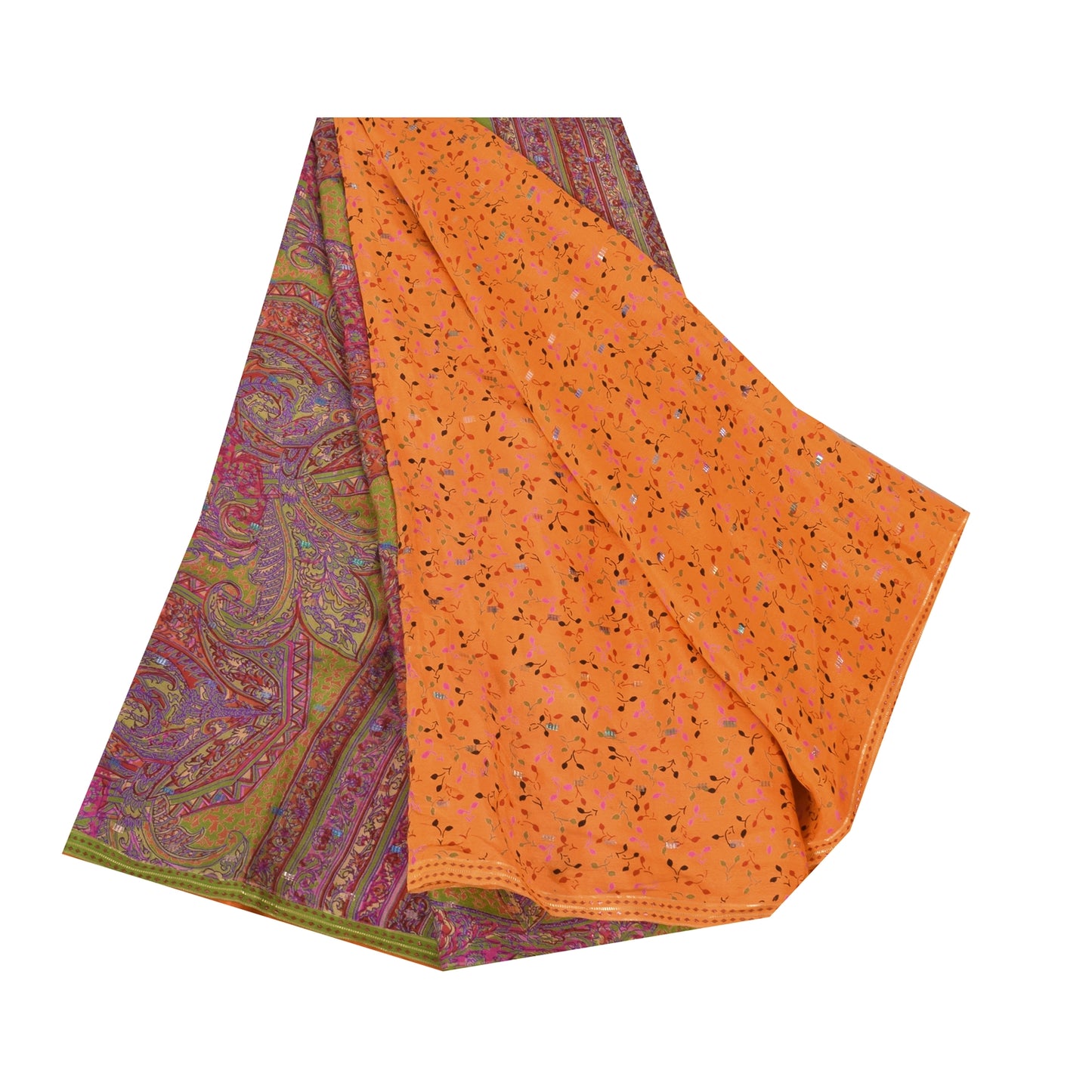 Sanskriti Vintage Sarees Orange Pure Silk Printed Woven Sari 5+yd Craft Fabric