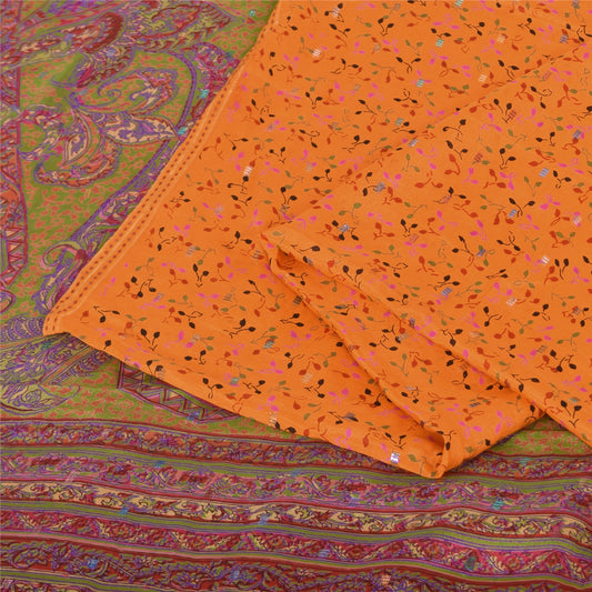 Sanskriti Vintage Sarees Orange Pure Silk Printed Woven Sari 5+yd Craft Fabric