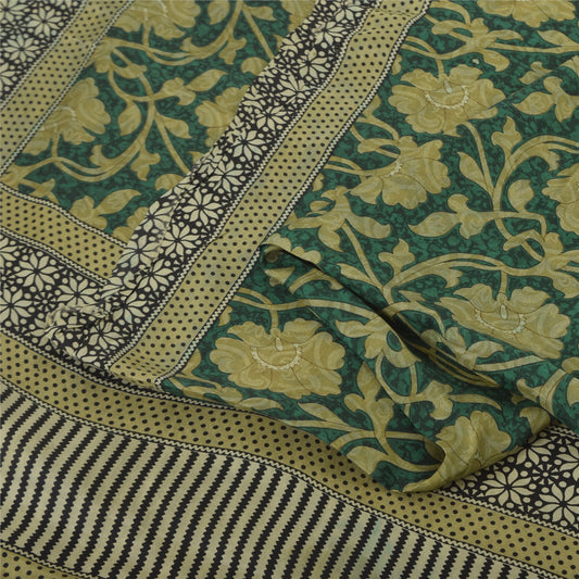 Sanskriti Vintage Sarees Indian Green Pure Silk Printed Sari 5+yd Craft Fabric