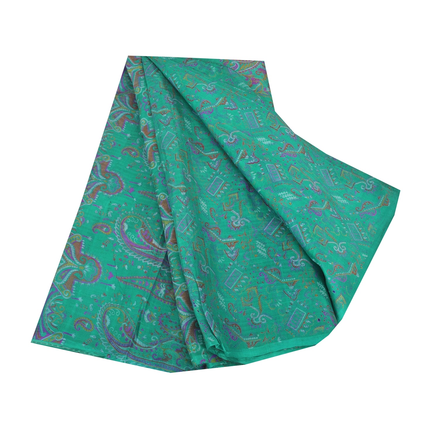 Sanskriti Vintage Sarees Sea-Green 100% Pure Silk Printed Sari 5+yd Craft Fabric