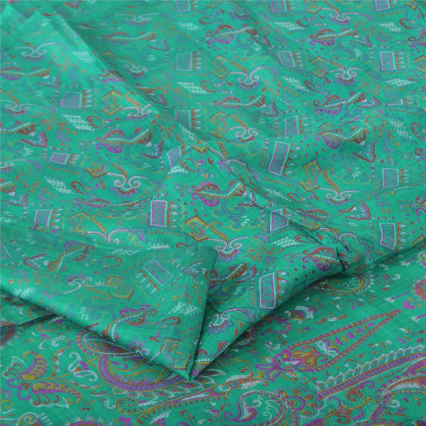 Sanskriti Vintage Sarees Sea-Green 100% Pure Silk Printed Sari 5+yd Craft Fabric