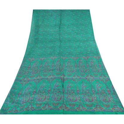 Sanskriti Vintage Sarees Sea-Green 100% Pure Silk Printed Sari 5+yd Craft Fabric