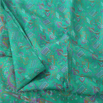 Sanskriti Vintage Sarees Sea-Green 100% Pure Silk Printed Sari 5+yd Craft Fabric