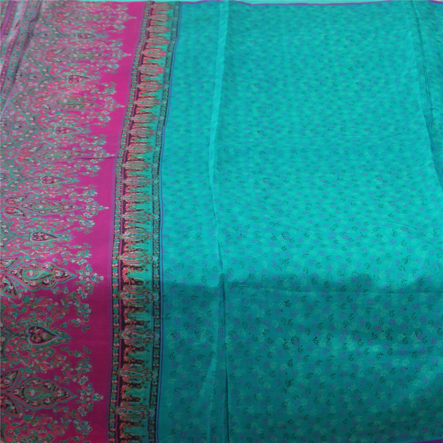 Sanskriti Vintage Sarees Turquoise 100% Pure Silk Printed Sari 5+yd Craft Fabric