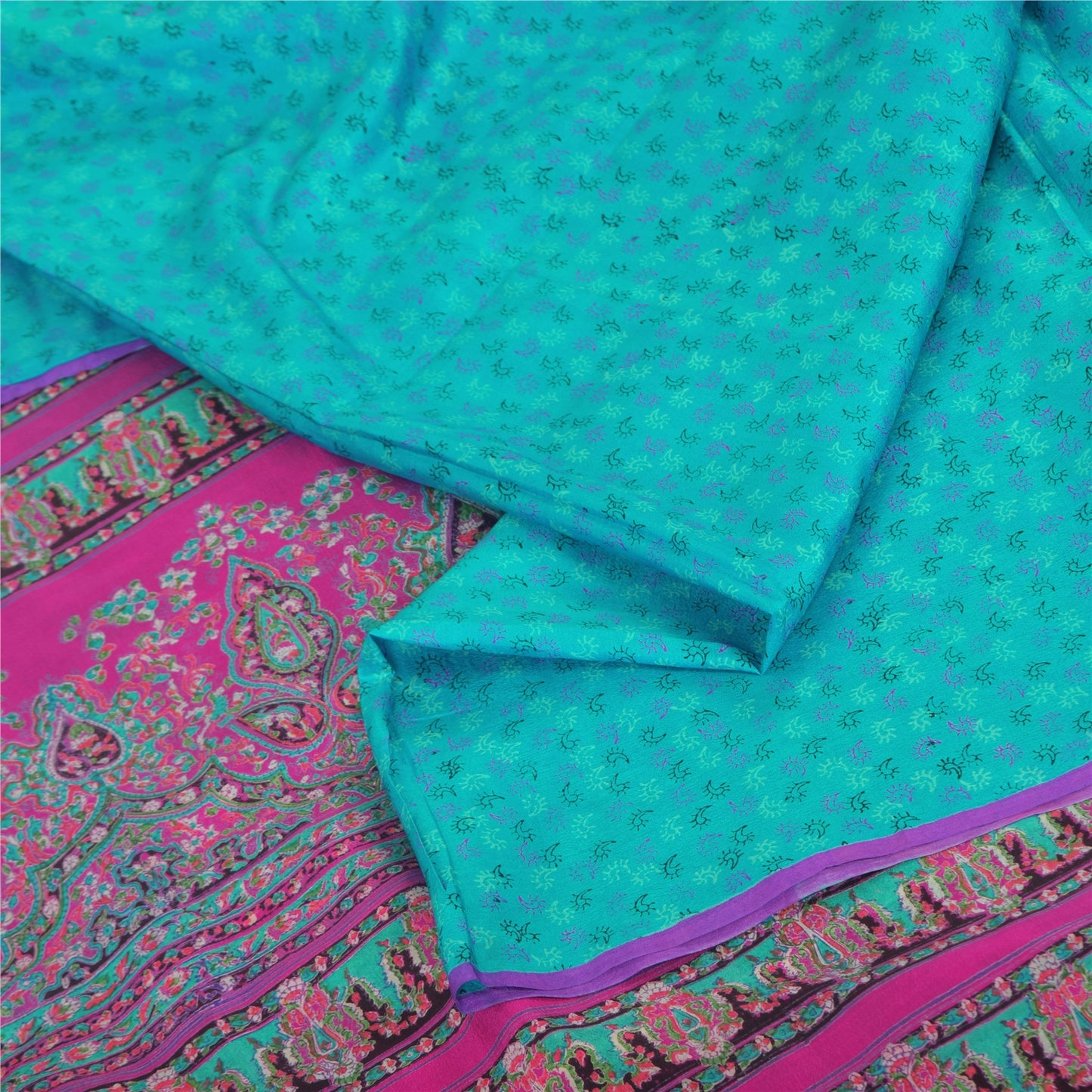 Sanskriti Vintage Sarees Turquoise 100% Pure Silk Printed Sari 5+yd Craft Fabric