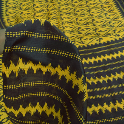 Sanskriti Vintage Sarees Yellow/Black Pure Silk Ikat Printed Sari 6+yd Fabric