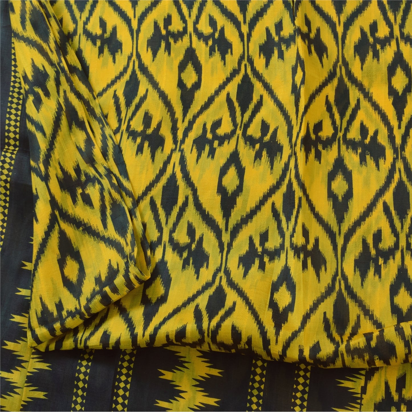 Sanskriti Vintage Sarees Yellow/Black Pure Silk Ikat Printed Sari 6+yd Fabric