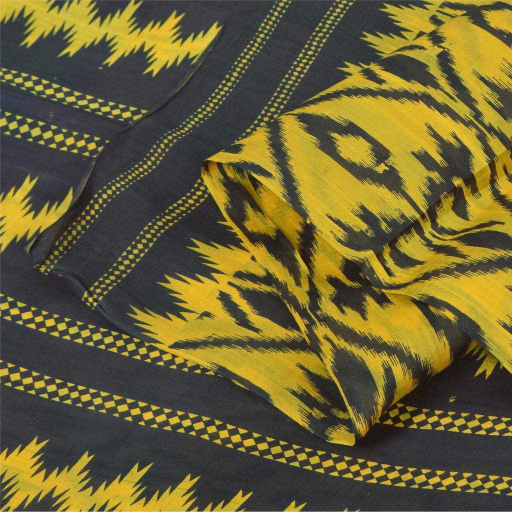 Sanskriti Vintage Sarees Yellow/Black Pure Silk Ikat Printed Sari 6+yd Fabric