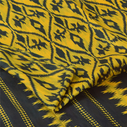 Sanskriti Vintage Sarees Yellow/Black Pure Silk Ikat Printed Sari 6+yd Fabric