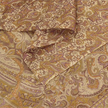 Sanskriti Vintage Sarees Cream 100% Pure Silk Printed Sari 6+yd SoftCraft Fabric