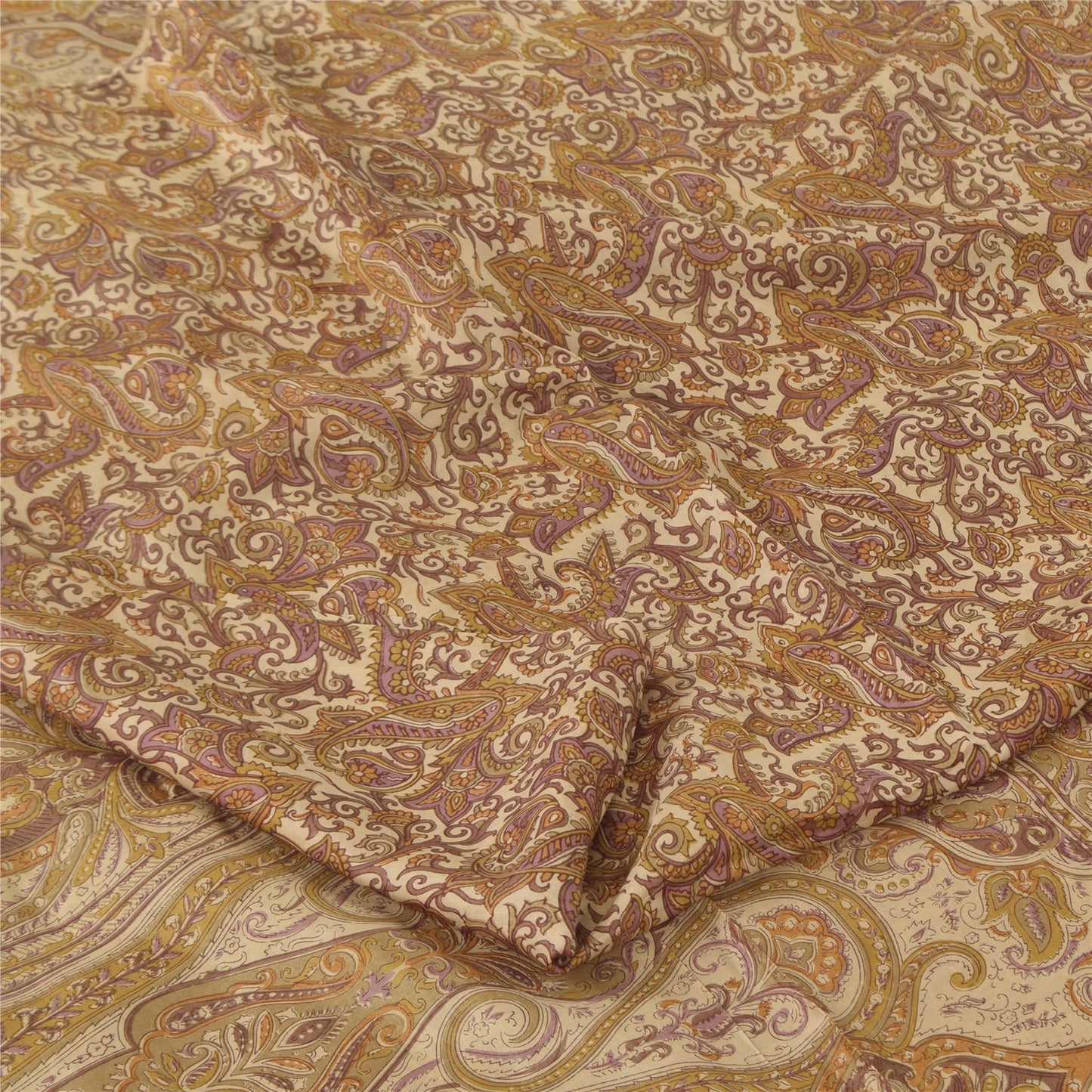 Sanskriti Vintage Sarees Cream 100% Pure Silk Printed Sari 6+yd SoftCraft Fabric