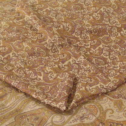 Sanskriti Vintage Sarees Cream 100% Pure Silk Printed Sari 6+yd SoftCraft Fabric