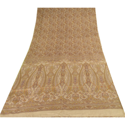 Sanskriti Vintage Sarees Cream 100% Pure Silk Printed Sari 6+yd SoftCraft Fabric