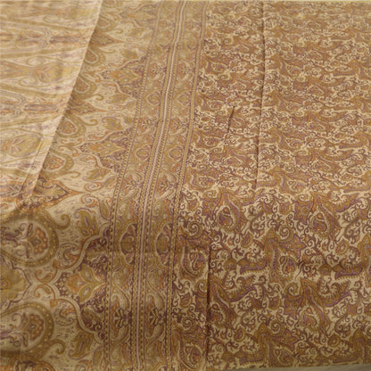 Sanskriti Vintage Sarees Cream 100% Pure Silk Printed Sari 6+yd SoftCraft Fabric