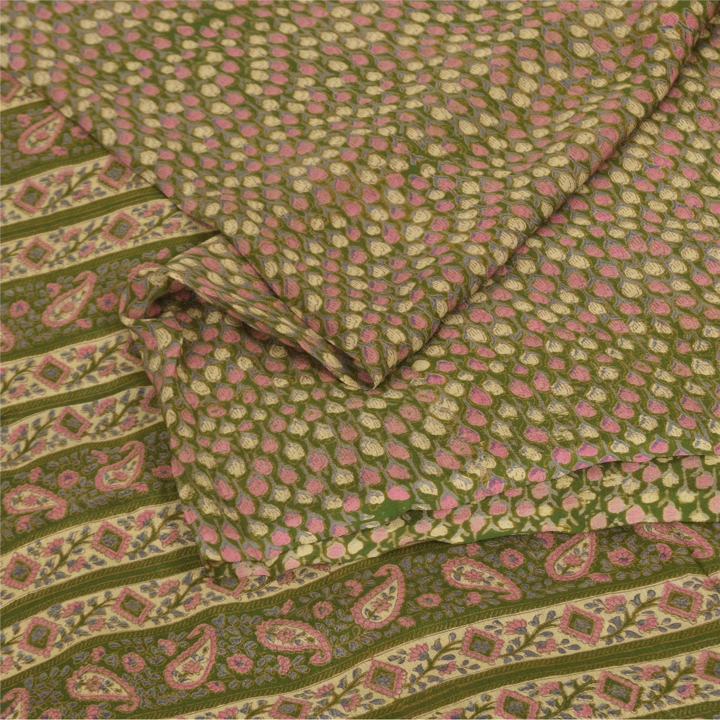 Sanskriti Vintage Sarees Indian Green Pure Silk Printed Sari 5+yd Craft Fabric