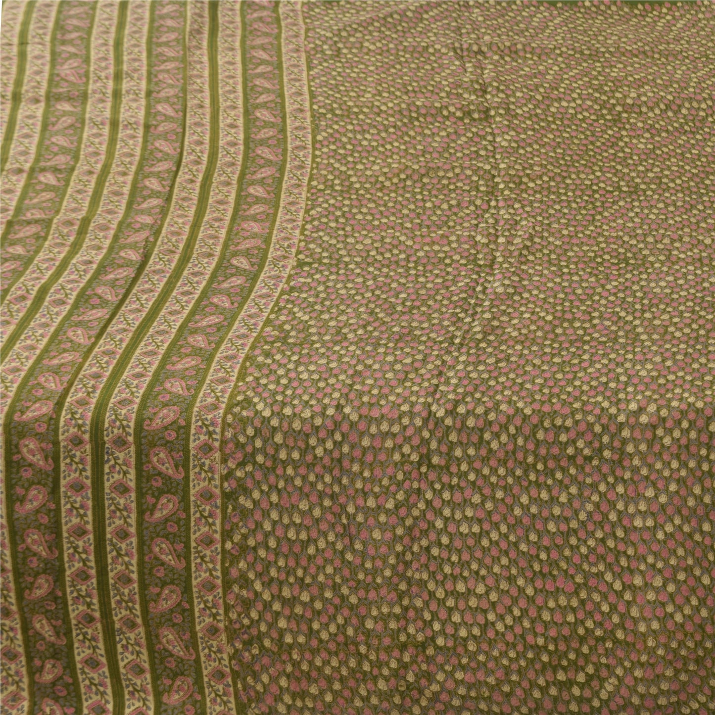 Sanskriti Vintage Sarees Indian Green Pure Silk Printed Sari 5+yd Craft Fabric