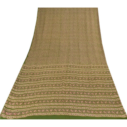 Sanskriti Vintage Sarees Indian Green Pure Silk Printed Sari 5+yd Craft Fabric