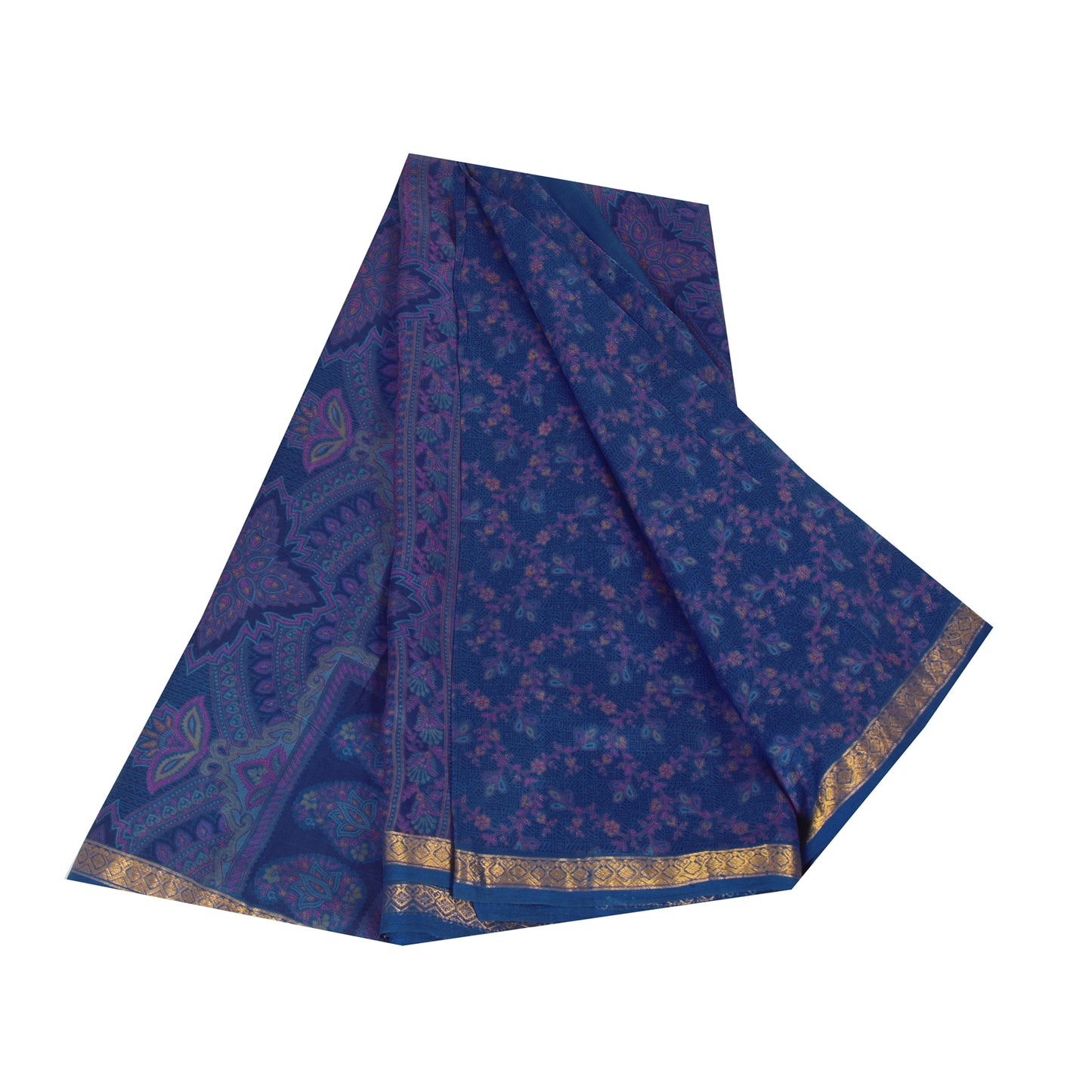 Sanskriti Vintage Sarees Blue Zari Border Pure Silk Print Sari 5+yd Craft Fabric