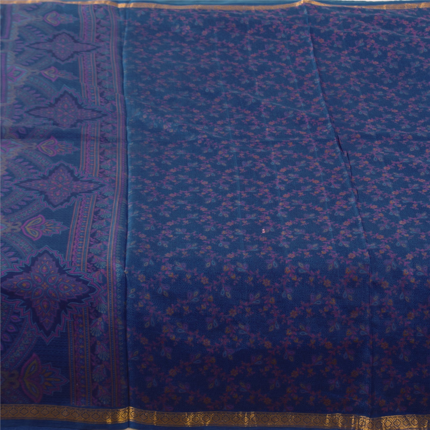 Sanskriti Vintage Sarees Blue Zari Border Pure Silk Print Sari 5+yd Craft Fabric