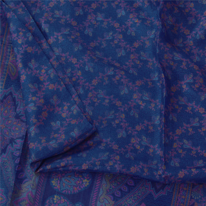 Sanskriti Vintage Sarees Blue Zari Border Pure Silk Print Sari 5+yd Craft Fabric