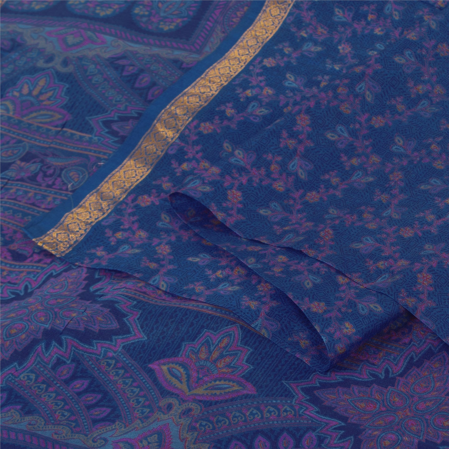 Sanskriti Vintage Sarees Blue Zari Border Pure Silk Print Sari 5+yd Craft Fabric