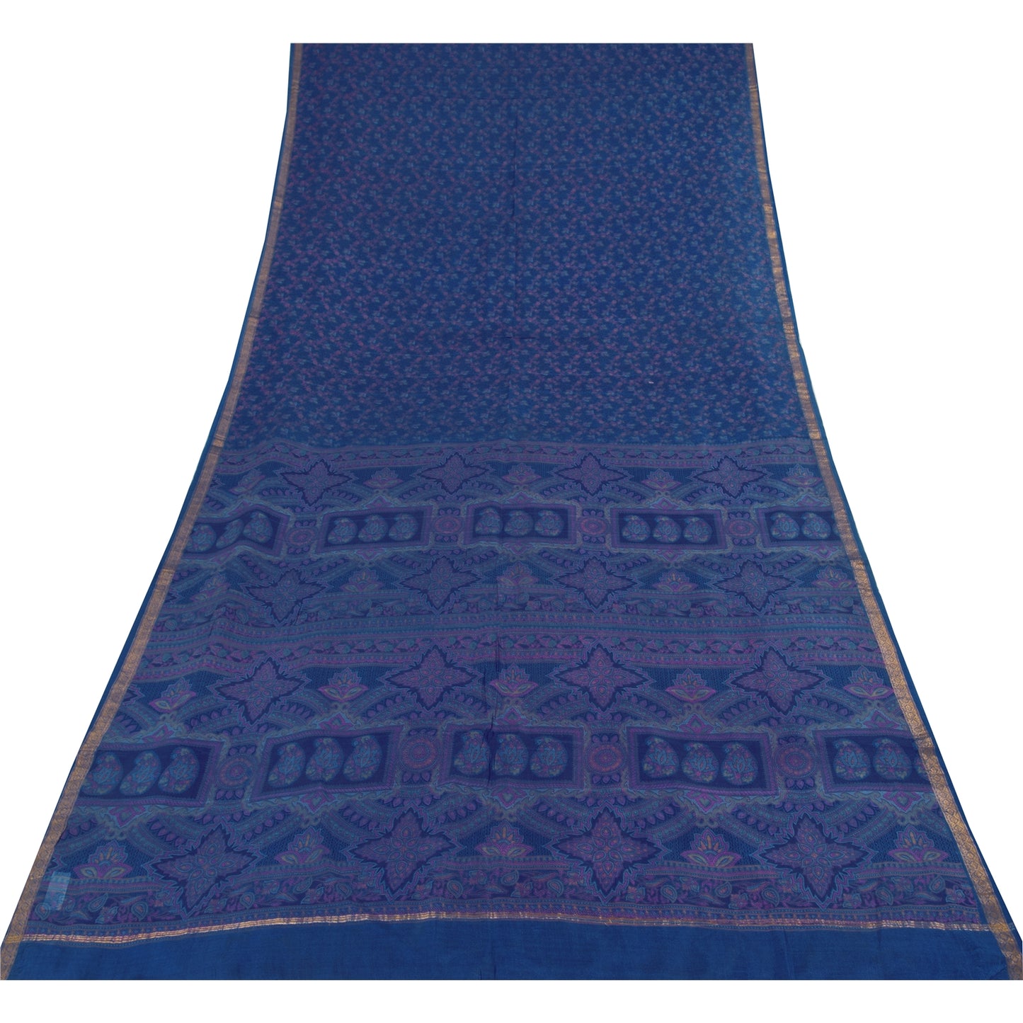 Sanskriti Vintage Sarees Blue Zari Border Pure Silk Print Sari 5+yd Craft Fabric