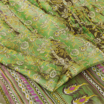 Sanskriti Vintage Sarees Green Indian Pure Silk Printed Sari 6+yd Craft Fabric