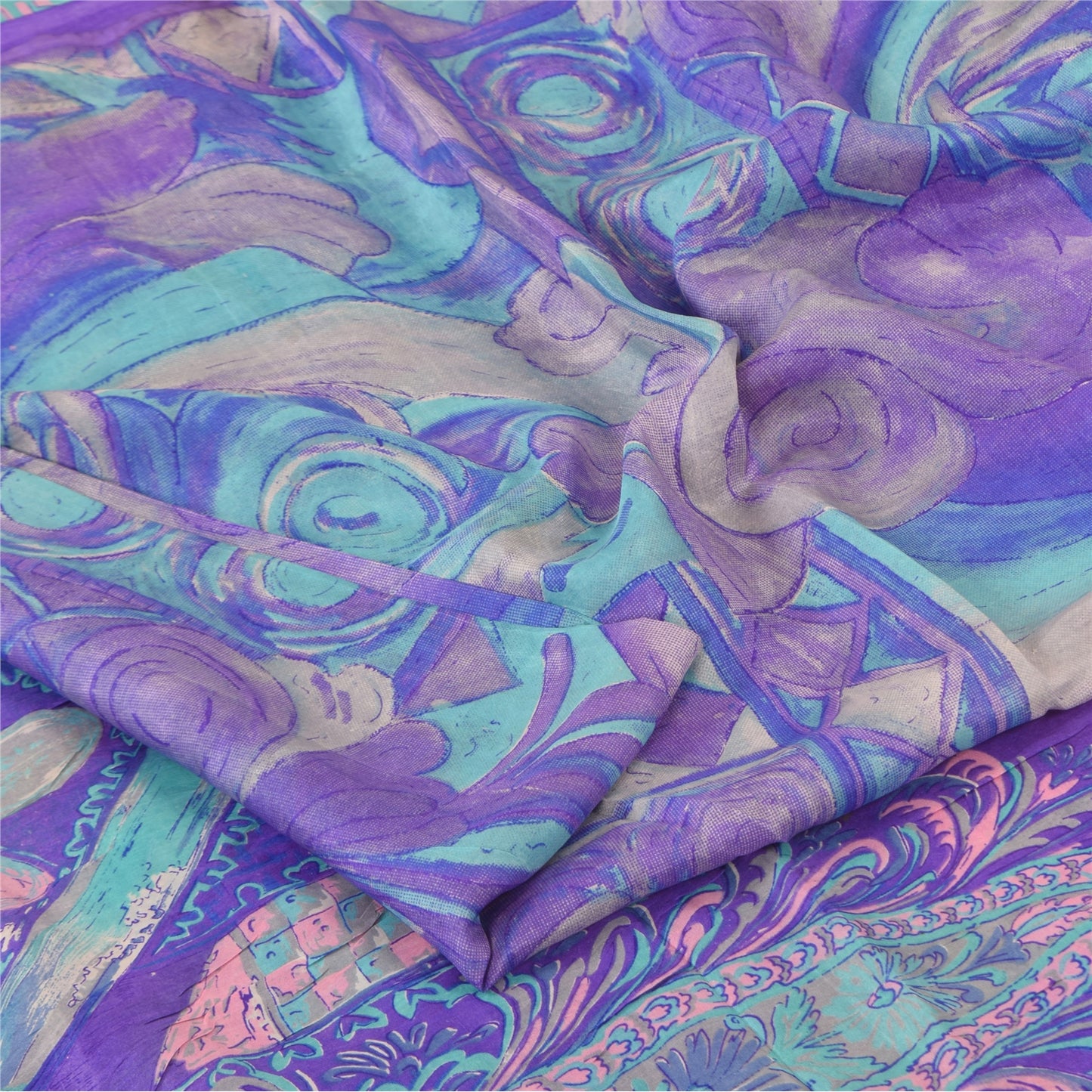 Sanskriti Vintage Sarees Purple Indian Pure Silk Printed Sari 6+yd Craft Fabric