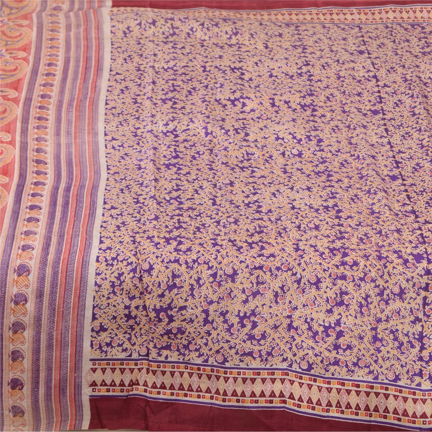 Sanskriti Vintage Sarees Purple 100% Pure Silk Printed Sari 5+yd Craft Fabric