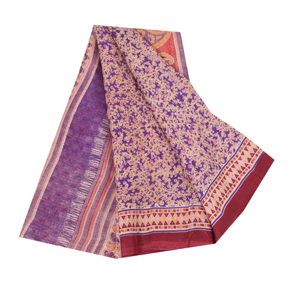 Sanskriti Vintage Sarees Purple 100% Pure Silk Printed Sari 5+yd Craft Fabric