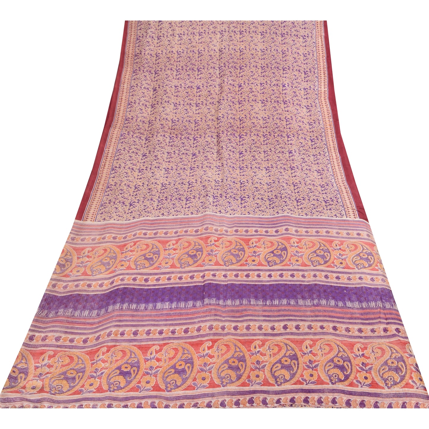 Sanskriti Vintage Sarees Purple 100% Pure Silk Printed Sari 5+yd Craft Fabric