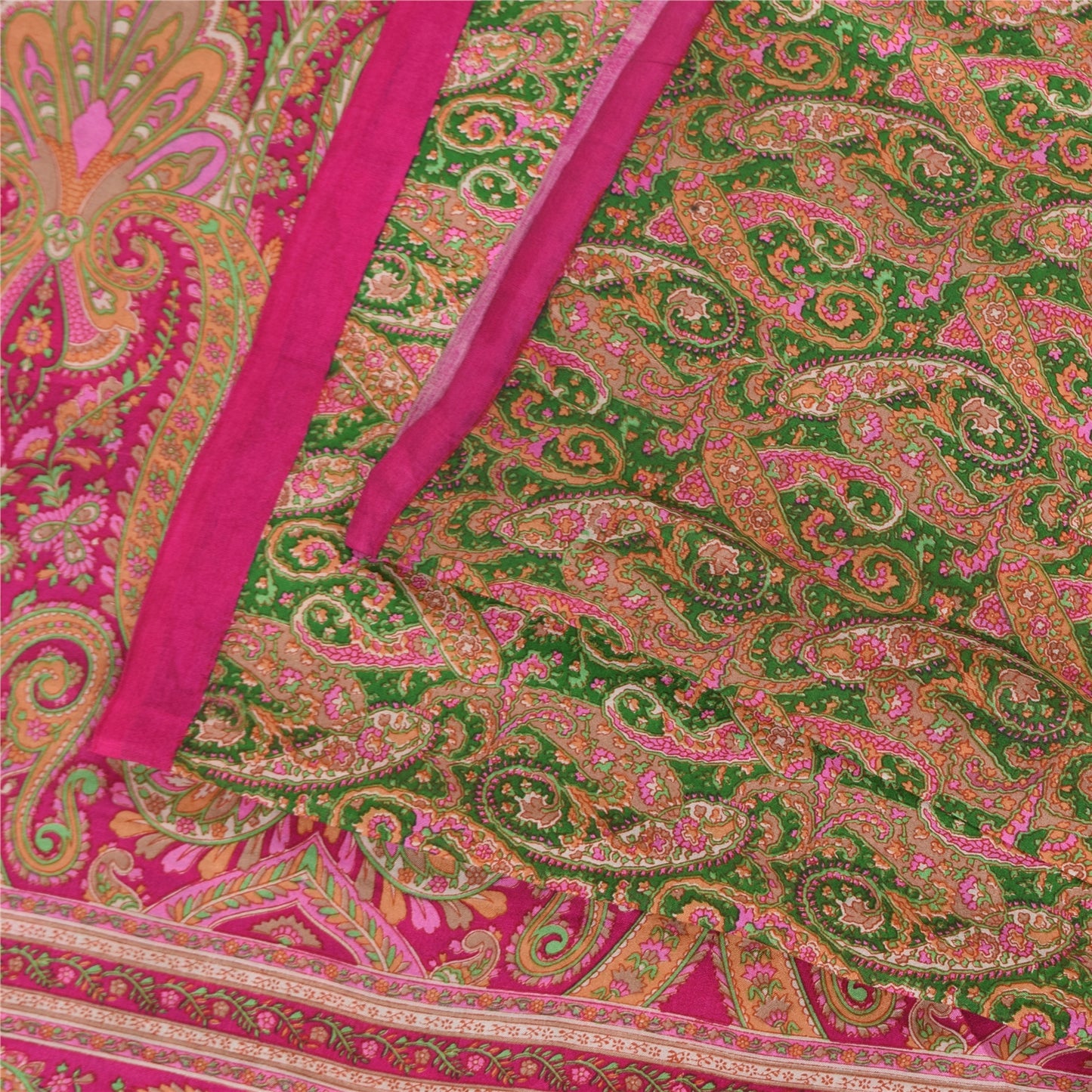 Sanskriti Vintage Sarees Green/Pink Pure Silk Printed Sari 6+yd Craft Fabric