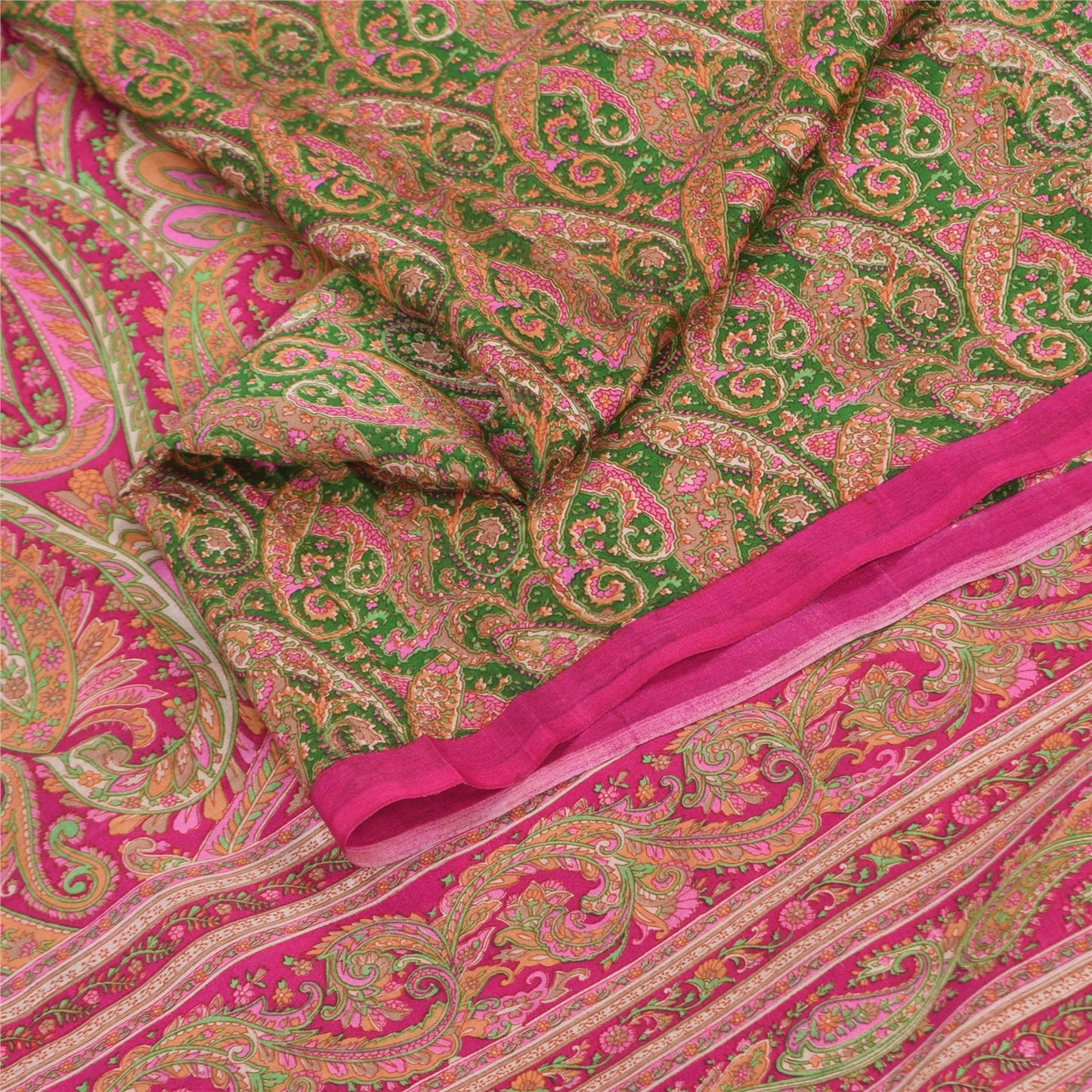 Sanskriti Vintage Sarees Green/Pink Pure Silk Printed Sari 6+yd Craft Fabric