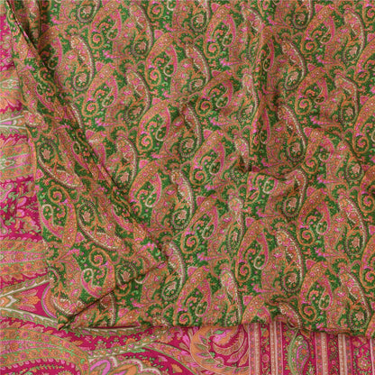 Sanskriti Vintage Sarees Green/Pink Pure Silk Printed Sari 6+yd Craft Fabric