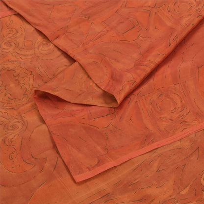 Sanskriti Vintage Sarees Orange Pure Silk Floral Printed Sari 6+yd Craft Fabric