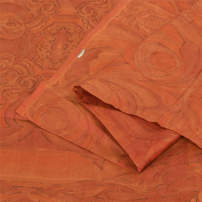 Sanskriti Vintage Sarees Orange Pure Silk Floral Printed Sari 6+yd Craft Fabric