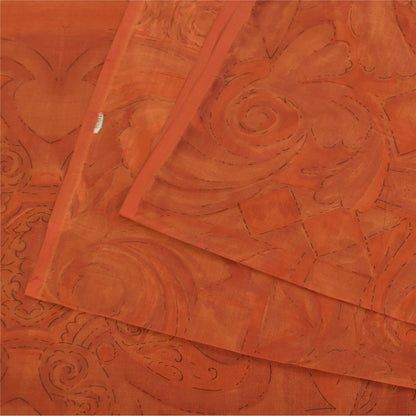 Sanskriti Vintage Sarees Orange Pure Silk Floral Printed Sari 6+yd Craft Fabric