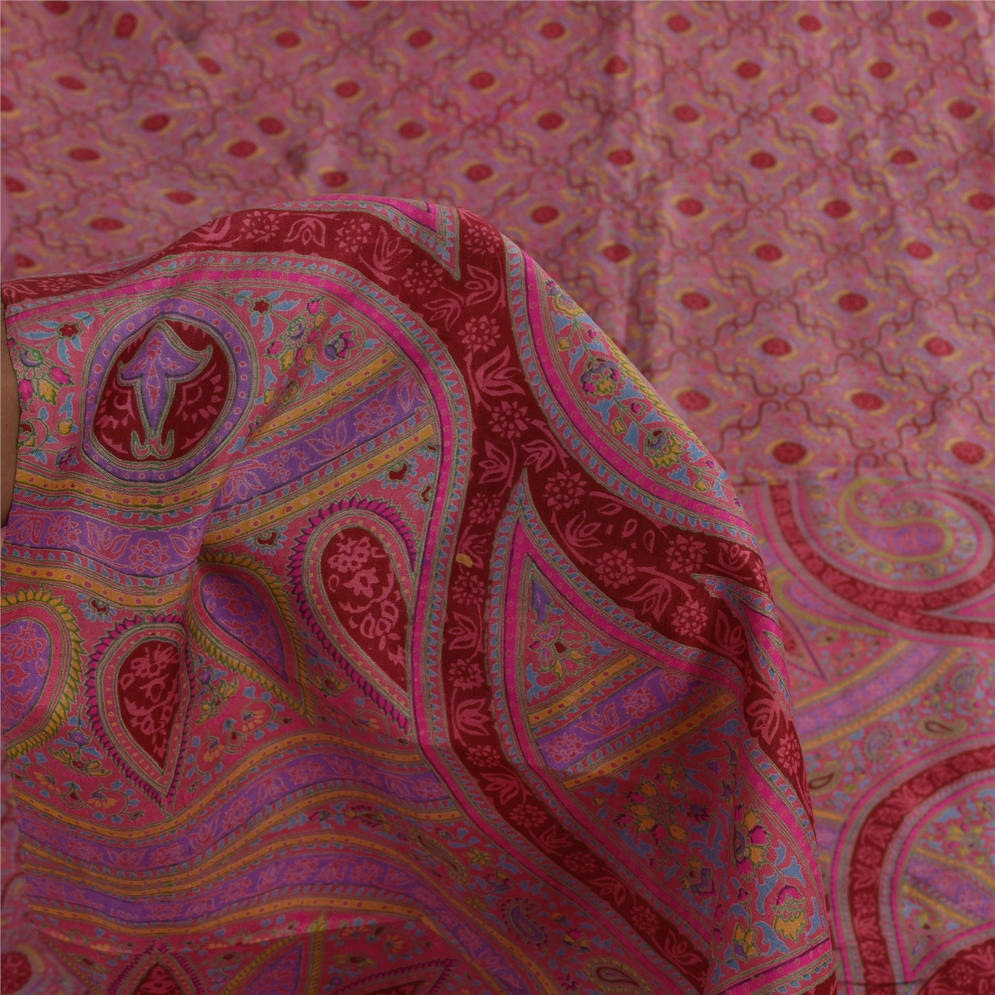 Sanskriti Vintage Sarees Blush-Pink Pure Silk Printed Sari 5+yd Craft Fabric