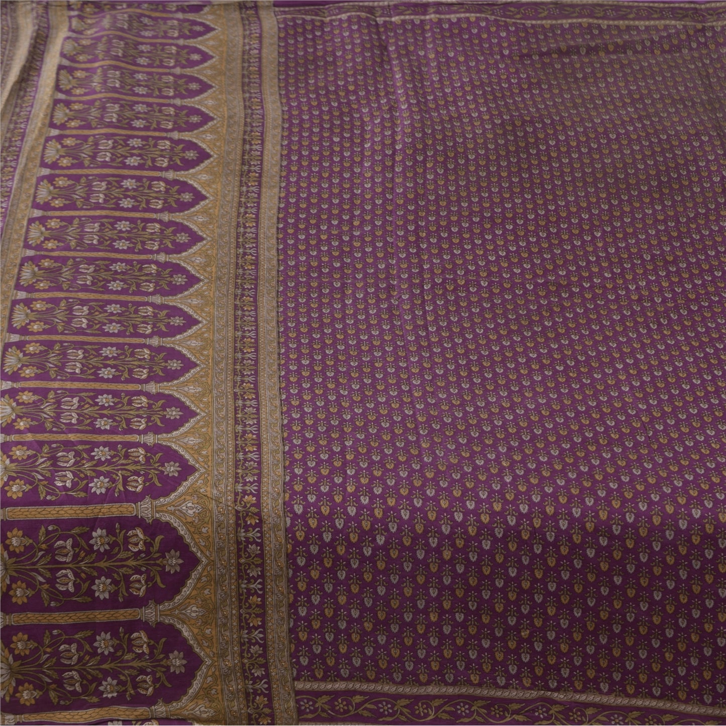 Sanskriti Vintage Sarees Purple 100% Pure Silk Printed Sari 5+yd Craft Fabric