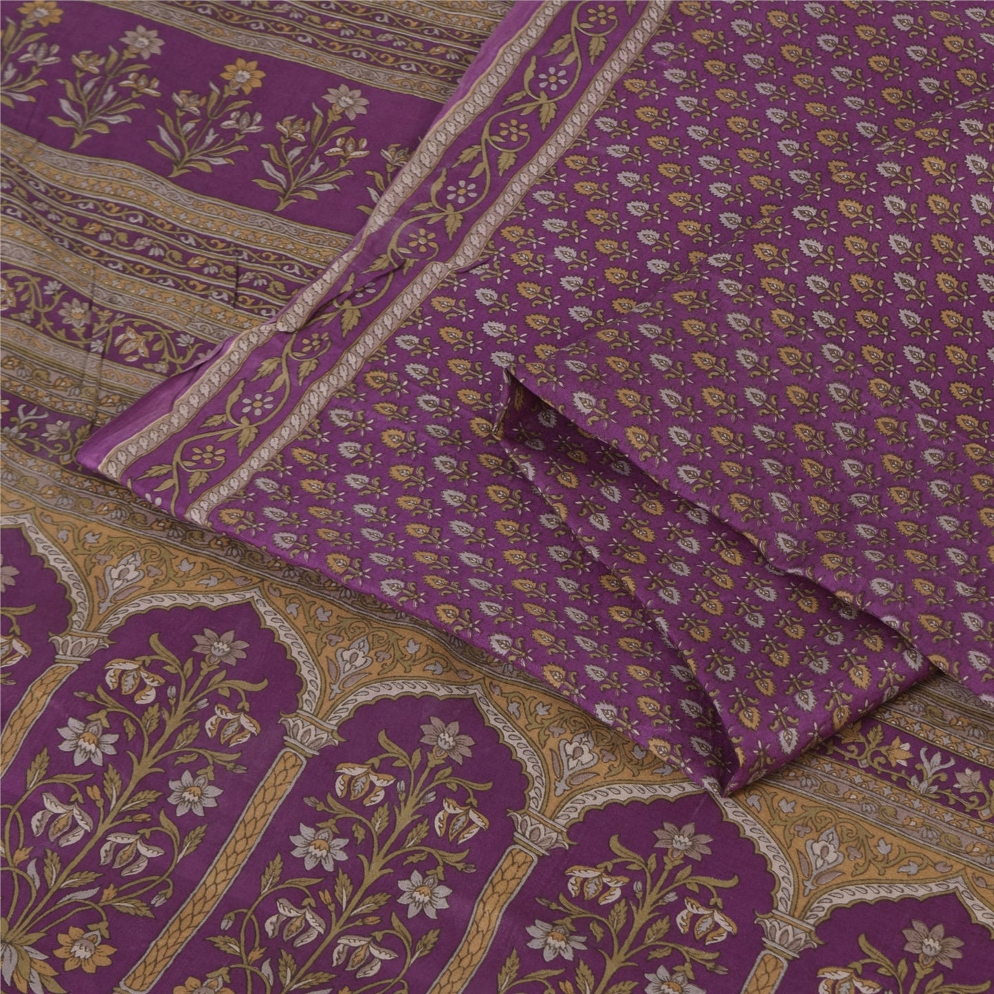 Sanskriti Vintage Sarees Purple 100% Pure Silk Printed Sari 5+yd Craft Fabric