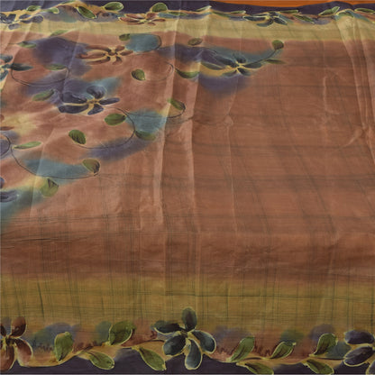 Sanskriti Vintage Sarees Brown 100% Pure Silk Printed Sari 5+yd Craft Fabric