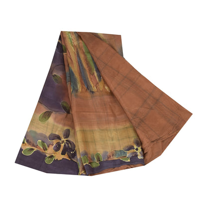 Sanskriti Vintage Sarees Brown 100% Pure Silk Printed Sari 5+yd Craft Fabric