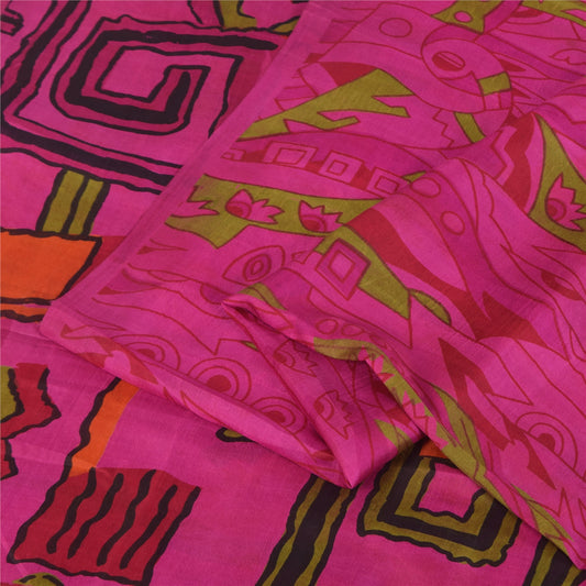 Sanskriti Vintage Sarees Hot-Pink 100% Pure Silk Printed Sari 6+yd Craft Fabric