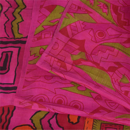 Sanskriti Vintage Sarees Hot-Pink 100% Pure Silk Printed Sari 6+yd Craft Fabric