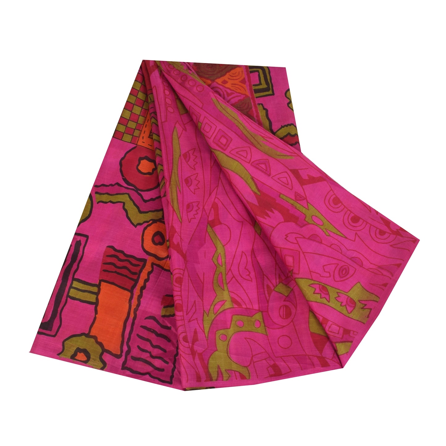 Sanskriti Vintage Sarees Hot-Pink 100% Pure Silk Printed Sari 6+yd Craft Fabric