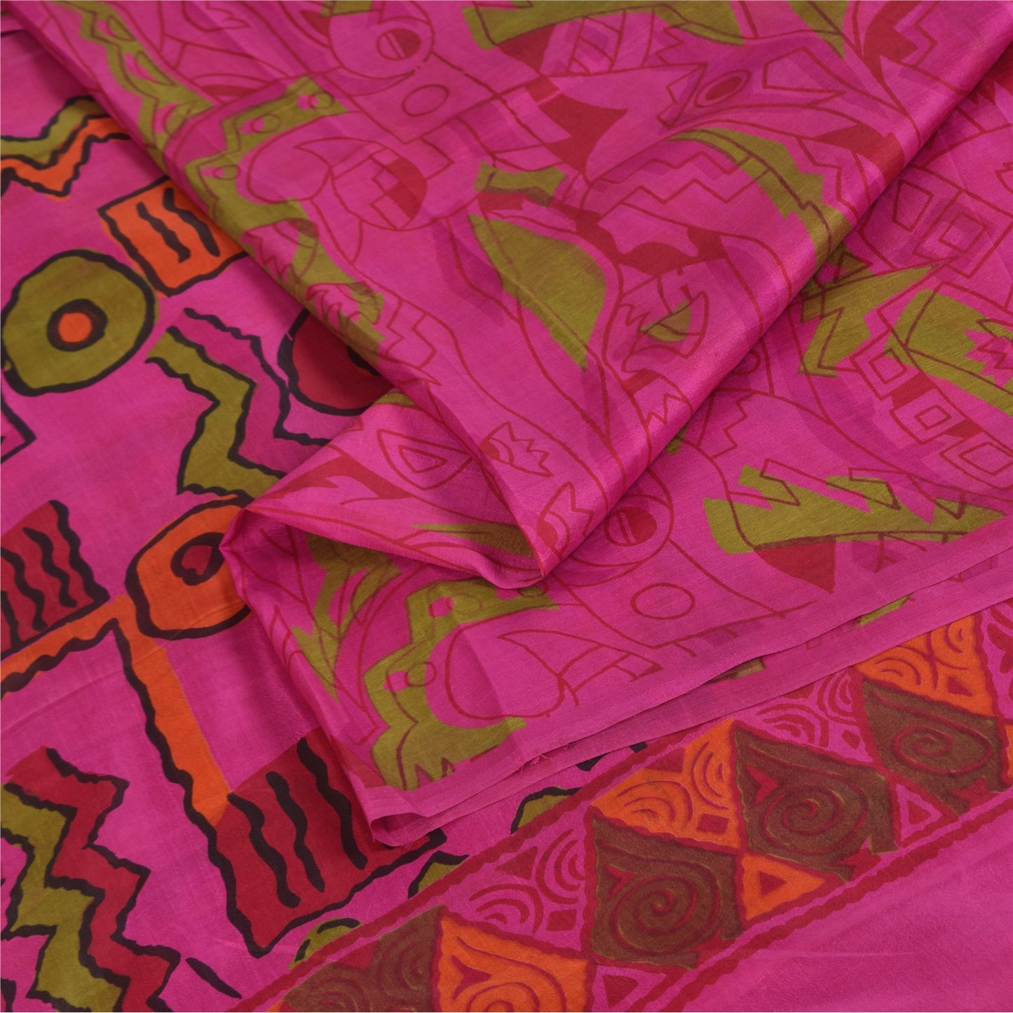 Sanskriti Vintage Sarees Hot-Pink 100% Pure Silk Printed Sari 6+yd Craft Fabric