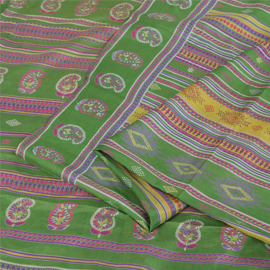 Sanskriti Vintage Sarees Green Indian Pure Silk Printed Sari 6+yd Craft Fabric