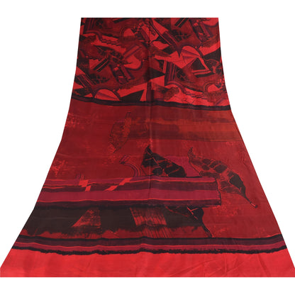 Sanskriti Vintage Sarees Scarlet(Red) Pure Silk Printed Sari 6+yd Craft Fabric