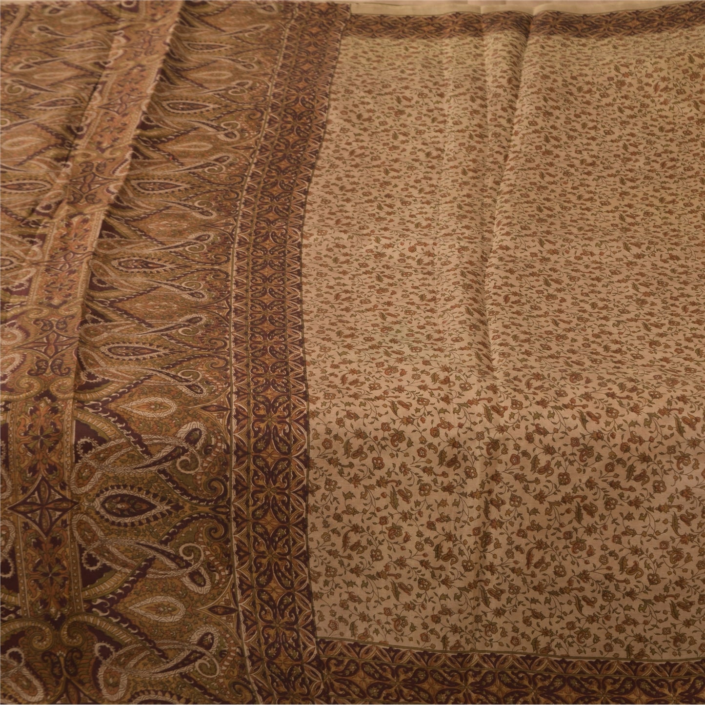 Sanskriti Vintage Sarees Brown 100% Pure Silk Printed Sari 6+yd Craft Fabric