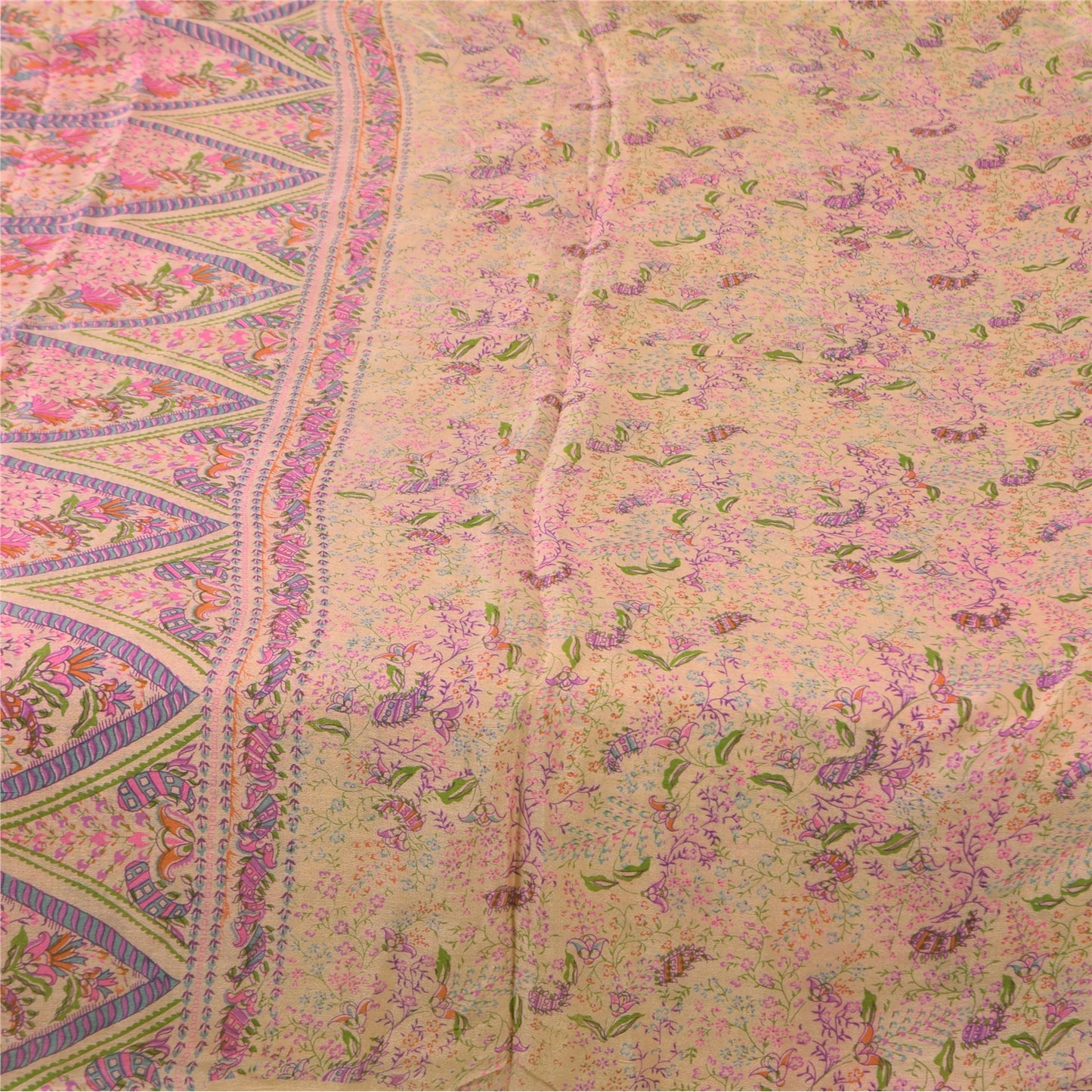 Sanskriti Vintage Sarees Peach 100% Pure Silk Printed Sari 6+yd Craft Fabric